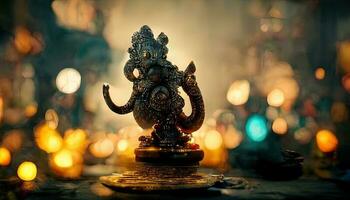 focus on statue of Lord Ganesha, Ganesha Festival. Hindu religion and Indian celebration of Diwali festival concept on dark, red, yellow background and bokeh around photo