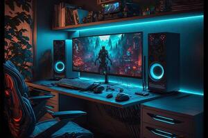 Spectacular gaming room interior, gaming pc, gaming desk, game setup room, tv, desk for five People, futuristic, LED lights, cyberpunk color. photo