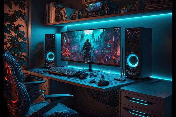 Spectacular gaming room interior, gaming pc, gaming desk, game setup room,  tv, desk for five People, futuristic, LED lights, cyberpunk color.  Generative AI 23533068 Stock Photo at Vecteezy