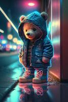 toy cute Bear in clothes jacket and sneakers on street background with neon lighting, photo