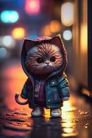 toy cute cat in clothes jacket and sneakers on street background with neon lighting, photo