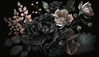 generativo ai, cerca arriba de floreciente Camas de flores de increíble negro flores en oscuro gótico temperamental floral texturizado antecedentes. fotorrealista efecto. foto