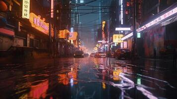 Generative AI, Night scene of after rain city in cyberpunk style, futuristic nostalgic 80s, 90s. Neon lights vibrant colors, photorealistic horizontal illustration. photo