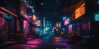 , Night scene of after rain city in cyberpunk style, futuristic nostalgic 80s, 90s. Neon lights vibrant colors, photorealistic horizontal illustration. photo