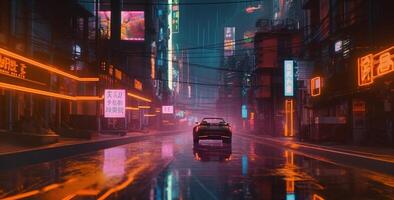 generativo ai, noche escena de después lluvia ciudad en cyberpunk estilo, futurista nostálgico años 80, años 90 neón luces vibrante colores, fotorrealista horizontal ilustración. foto