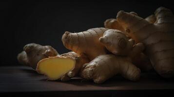 , ginger root spice photorealistic illustartion on dark background. photo