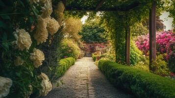 generativo ai, hermosa verano privado jardín con muchos flores y plantas, naturaleza paisaje, Inglés campo cabaña estilo foto