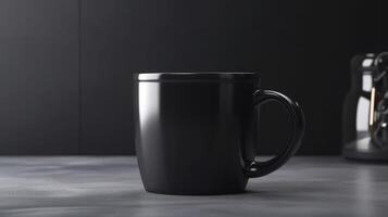 , Black ceramic cup set-up in at home interior, mug mock up blank. photo