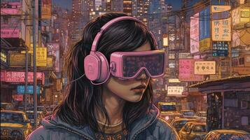 , person in glasses, cyberpunk anime style inspired by Josan Gonzalez. Light yellow and pink colors, virtual reality concept photo