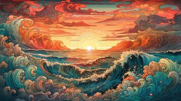 , ocean in the sunset linear illustration, psychedelic manga style, highly detailed. Anime colorful style photo