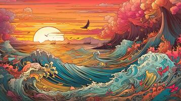 , ocean in the sunset linear illustration, psychedelic manga style, highly detailed. Anime colorful style photo