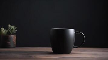 generativo ai, negro cerámico taza configuración en a hogar interior, jarra burlarse de arriba blanco. foto