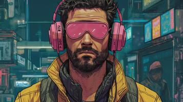 , person in glasses, cyberpunk anime style inspired by Josan Gonzalez. Light yellow and pink colors, virtual reality concept photo