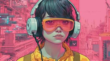 , person in glasses, cyberpunk anime style inspired by Josan Gonzalez. Light yellow and pink colors, virtual reality concept photo