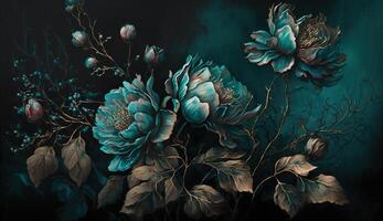 , Close up of blooming flowerbeds of amazing teal flowers on dark moody floral textured background. Photorealistic effect. photo