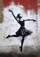 Generative AI, Dancing woman or girl, dynamic motion. Ink paint colorful splashes street graffiti art on a textured paper vintage background, inspired by Banksy. photo