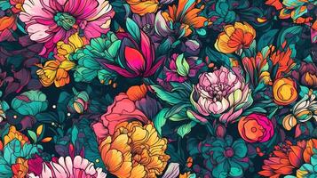 , Floral colorful seamless pattern. Lisa Frank and James Jean inspired natural plants and flowers background, Psychedelic illustration. Foliage ornament. photo