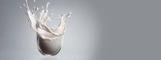 , Flowing liquid with splashes in white color. Glossy creamy milk fluid banner, 3D effect, modern macro photorealistic abstract background illustration. photo