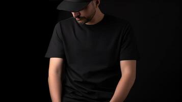 , Realistic black T-Shirt mock up blank put on young man, copyspace for presentation advertising. Blank business concept photo