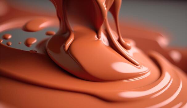 , Flowing liquid with splashes in apricot color. Glossy cream caramel fluid banner, 3D effect, modern macro photorealistic abstract background illustration.. photo