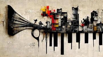 , Abstract Street art with keys and musical instruments silhouettes. Ink colorful graffiti art on a textured paper vintage background, inspired by Banksy photo
