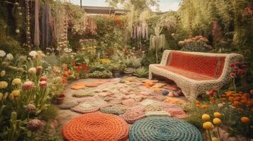 , cute garden made of crochet, plants, trees, flowers. Soft colors, dreamy scene landscape made of crochet materials, wool, fabric, yarn, sewing for background photo