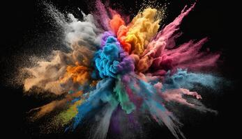 , Flowing isolated colorful sand and powder with splashes. Bright banner, 3D effect, modern macro realistic abstract background illustration, dark background.. photo