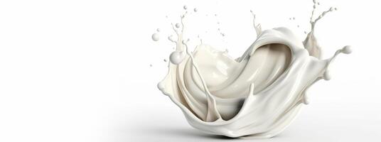 , Flowing liquid with splashes in white color. Glossy creamy milk fluid banner, 3D effect, modern macro photorealistic abstract background illustration. photo