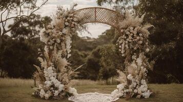 generativo ai, Boda ceremonia boho rústico estilo arco con flores y plantas, flor ramos de flores foto