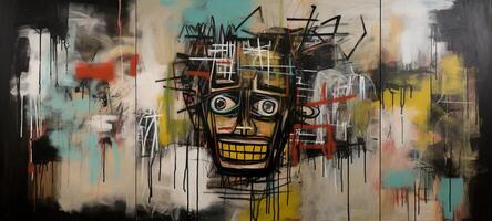 , street graffiti abstract art with ugly face on a textured wall vintage background, inspired by Jean-Michel Basquiat, New York urban style. photo