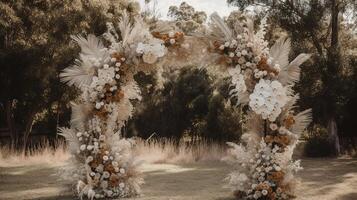 , Wedding ceremony boho rustic style arch with flowers and plants, flower bouquets. photo