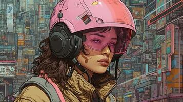 , person in glasses, cyberpunk anime style inspired by Josan Gonzalez. Light yellow and pink colors, virtual reality concept photo