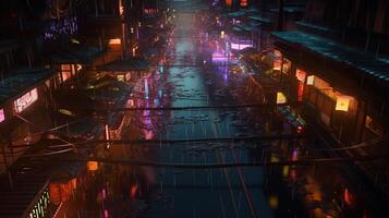 , Night scene of after rain city in cyberpunk style, futuristic nostalgic 80s, 90s. Neon lights vibrant colors, photorealistic horizontal illustration. photo