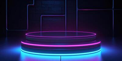 , Sci-Fi Futuristic neon glowing banner with podium. Abstract cyberpunk background for promotion goods. Mockup template photo