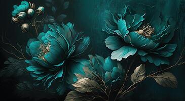 , Close up of blooming flowerbeds of amazing teal flowers on dark moody floral textured background. Photorealistic effect. photo