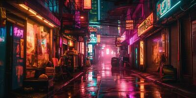 , Night scene of after rain city in cyberpunk style, futuristic nostalgic 80s, 90s. Neon lights vibrant colors, photorealistic horizontal illustration. photo