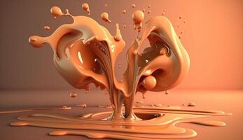 , Flowing liquid with splashes in apricot color. Glossy cream caramel fluid banner, 3D effect, modern macro photorealistic abstract background illustration. photo