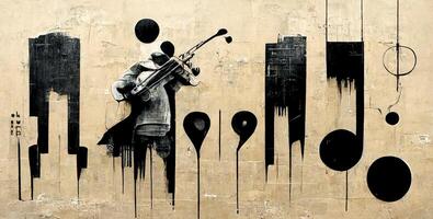 , Abstract Street art with keys and musical instruments silhouettes. Ink colorful graffiti art on a textured paper vintage background, inspired by Banksy photo