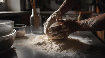 , Hands of baker in restaurant or home kitchen, prepares ecologically natural pastries photo