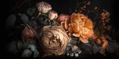 , Close up of blooming flowerbeds of amazing apricot orange color flowers on dark moody floral textured background. Photorealistic effect. photo