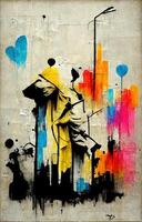 , Ink black street graffiti art on a textured paper vintage background, inspired by Banksy. Vertical poster. photo