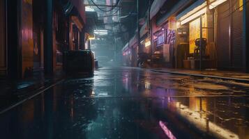 , Night scene of after rain city in cyberpunk style, futuristic nostalgic 80s, 90s. Neon lights vibrant colors, photorealistic horizontal illustration. photo