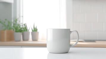 , White ceramic cup set-up in at home interior, mug mock up blank. photo