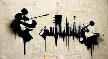 , Abstract Street art with keys and musical instruments silhouettes. Ink colorful graffiti art on a textured paper vintage background, inspired by Banksy photo