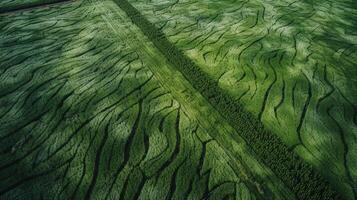 , field of green grass with water sprinkled, aerial view drone photography. Swamp landscape. photo