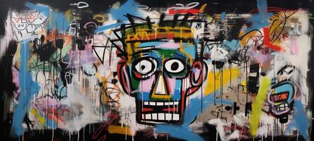 , street graffiti abstract art with ugly face on a textured wall vintage background, inspired by Jean-Michel Basquiat, New York urban style. photo