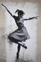 , Dancing woman or girl, dynamic motion. Ink paint colorful splashes street graffiti art on a textured paper vintage background, inspired by Banksy. photo