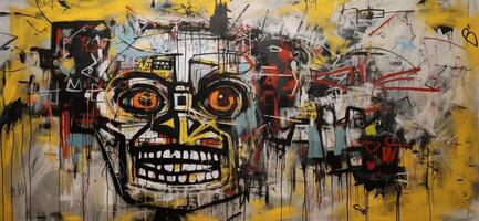 , street graffiti abstract art with ugly face on a textured wall vintage background, inspired by Jean-Michel Basquiat, New York urban style. photo