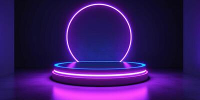 , Sci-Fi Futuristic neon glowing banner with podium. Abstract cyberpunk background for promotion goods. Mockup template photo