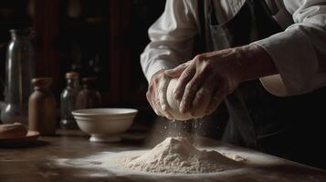 , Hands of baker in restaurant or home kitchen, prepares ecologically natural pastries photo